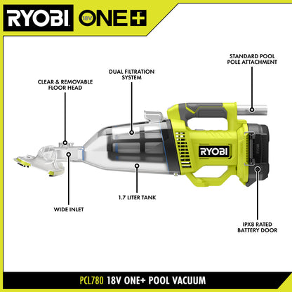 18V ONE+ HANDHELD CORDLESS POOL VACUUM CLEANER (TOOL ONLY) WITH FLOOR HEAD | RYOBI